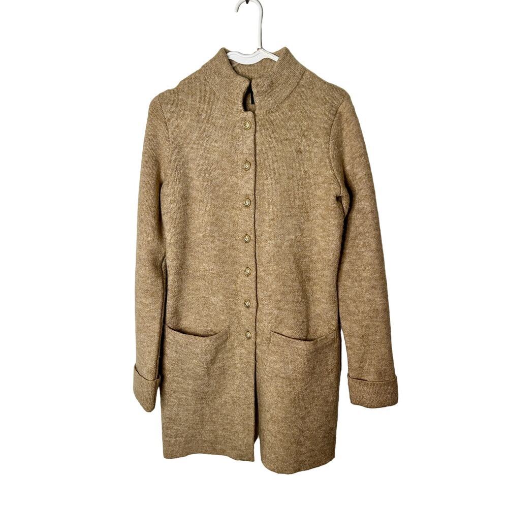Adrienne Vittadini Women XS Tan Wool Duster Sweater Knit Trench Gold Lion Long